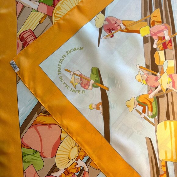 Hermes Silk "Marche Flottant Du Lac Inle II" Scarf Tangerine Color w Blue - Picture 8 of 16